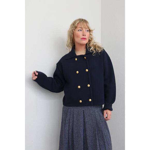 2000's Vintage F. by Faconnable French Navy Wool Cardigan Men's LG Women's LG XL - Picture 4 of 7